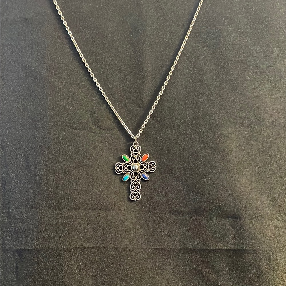 Vintage Avon Silver Cross Pendant Necklace with colored cabochons.